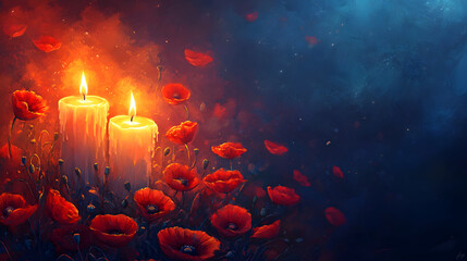 Red poppy flowers and burning candle banner with copy space for veterans day memorial or remembrance day. Symbol of Memorial Day Armistice day and Anzac Day background