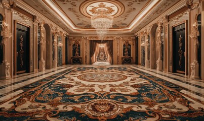 Obraz premium Ornate hallway with marble floors and patterned carpet.