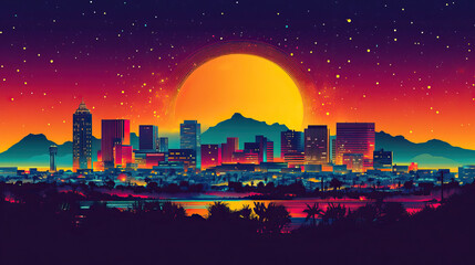 Fototapeta premium Albuquerque, New, Pop Art style theme print. Cityscape, city skyline.Vibrant, bright, modern, trendy, graphic designed for poster, card, wallpaper