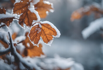 Close-up of brown leaves covered with snow on a branch, with a blurred snowy background.
