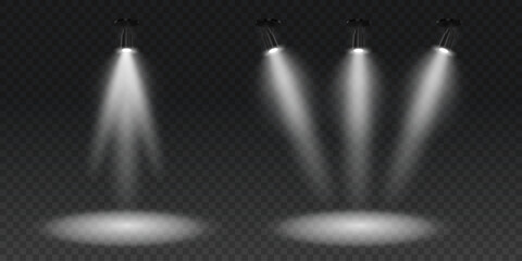 Obraz premium Bright spotlights on png background. Scene illumination vector set. Stage and studio light with realistic hanging lamps.