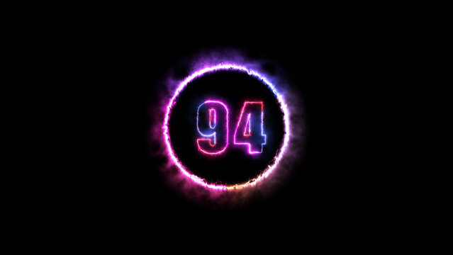 Glowing neon number 94  fire color with black background.	Fiery style.