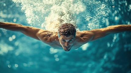 A young man swims underwater in a pool with his arms outstretched.