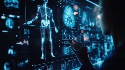 Fototapeta premium A doctor uses a digital touchscreen to review a patient's medical data, including a skeletal system scan and other vital signs.