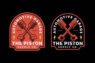 piston mechanism crossed retro badge logo design for garage, workshop, spare part, extreme sport. engine cylinder crossed emblem logo collection for racer, motorcycle, rider, mechanic