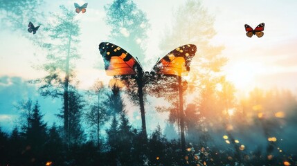 A double exposure image of butterflies flying over a misty forest at sunrise, creating a surreal and ethereal atmosphere.