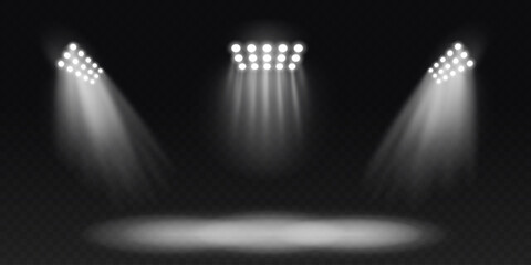 Stadium lights isolated on a transparent png background. Stadium floodlights vector llustration for sports games, concerts, events, shows.
