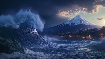 Serenity abounds in this majestic Japanese wave background featuring soothing turquoise waters and majestic Mount Fuji's snow-capped silhouette.
