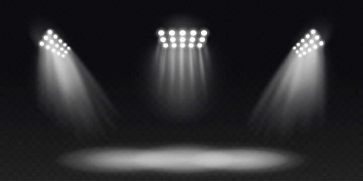 Stadium lights isolated on a transparent png background. Stadium floodlights vector llustration for sports games, concerts, events, shows.
