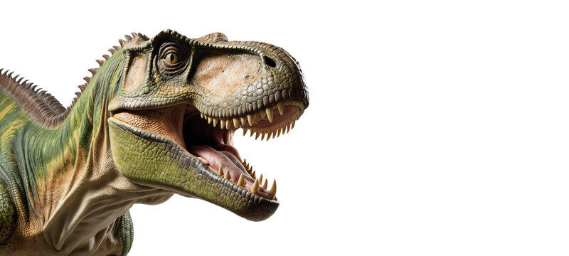 Realistic 3D T. rex headshot, mouth open, isolated background