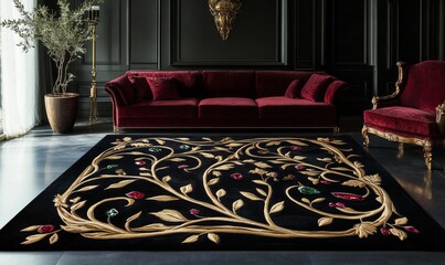 Black rug with gold vines and gemstones.