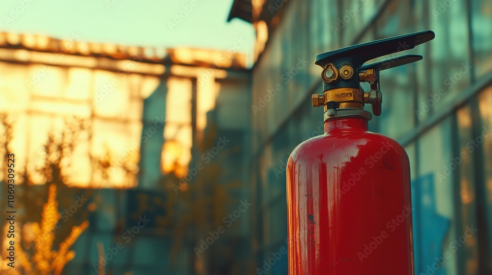 Aufkleber The vibrant fire extinguisher is positioned in front of a building, capturing attention against a blurred backdrop of urban architecture. Generative AI