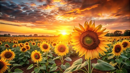 Obraz premium Sunflower field at sunrise with warm orange and pink hues casting a golden glow, nature, fields
