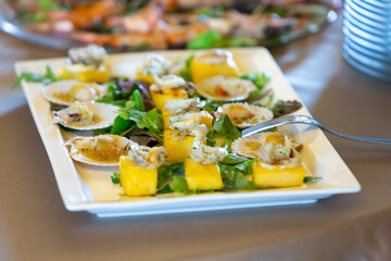 Catering serving delicious fish appetizers with grilled polenta and scallops