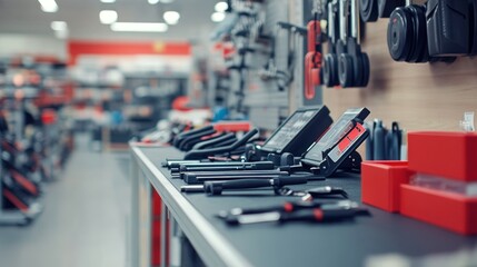A display of various tools and equipment in a well-organized retail environment.