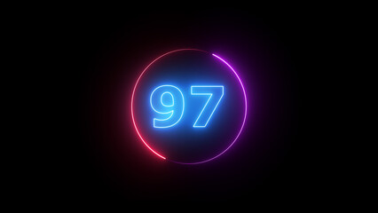 Glowing neon number  97 aqua and blue color with black background.