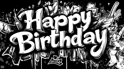 A graffiti-style "Happy Birthday" message on a black background.