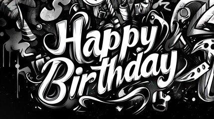 A black and white graffiti-style illustration with the words "Happy Birthday" in a bold, stylized font. The background is filled with various abstract shapes and patterns.