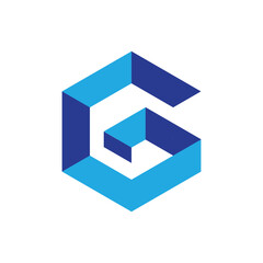 A flat logo of letter G in hexagon shape in blue 
