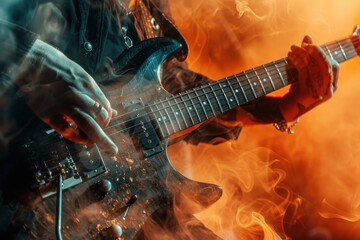 Fototapeta premium Close-up of a Musician Playing a Guitar in a Smoky Atmosphere