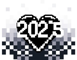Fototapeta premium Black and white pixel art heart with the year 2025 inside.