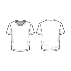 T-shirt Front and Back View Template, Minimalist T-Shirt Outline, Blank T-Shirt Sketch, Basic Apparel Technical Drawing, Simple Shirt Design Layout.