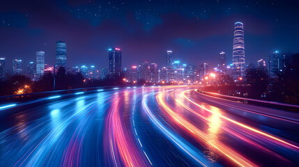 Obraz premium Night Cityscape with Road and Light Trails - Illustration