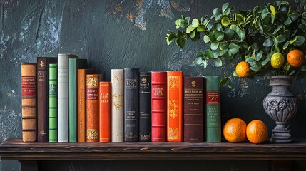 A chic wooden shelf highlights captivating book covers, enticing passionate readers with its curated collection.