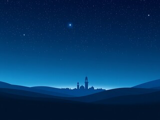 Naklejka premium Simple vector graphics, minimalist-style illustration, e-commerce background page design with a mosque silhouette in the distance and stars in the night sky, in a blue color tone 