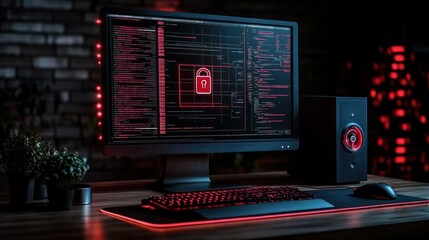 Computer monitor with a red padlock icon on screen showing a line of computer code.