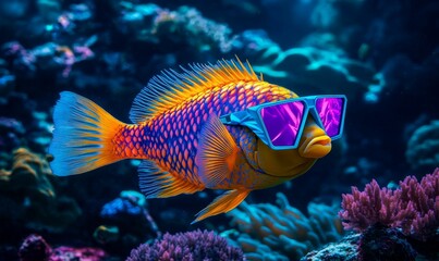 Obraz premium A colorful fish wearing sunglasses swims in a reef.
