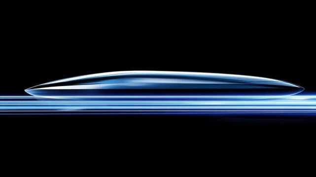 A sleek, futuristic train travels on a track, leaving behind a trail of light