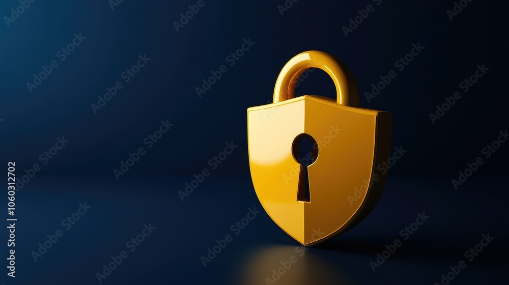 Poster 3d yellow lock and shield on deep blue backdrop, symbolizing security in financial management.
