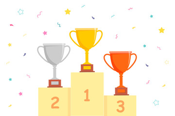 Winner podium with gold, silver, bronze trophy cups and confetti. Award pedestal for first, second, third place. Champions platform of competition for victory ceremony. Cartoon vector illustration.