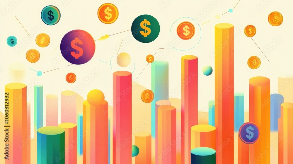 Poster abstract finance chart with vibrant segments and dollar coins, symbolizing data analysis and profit 
