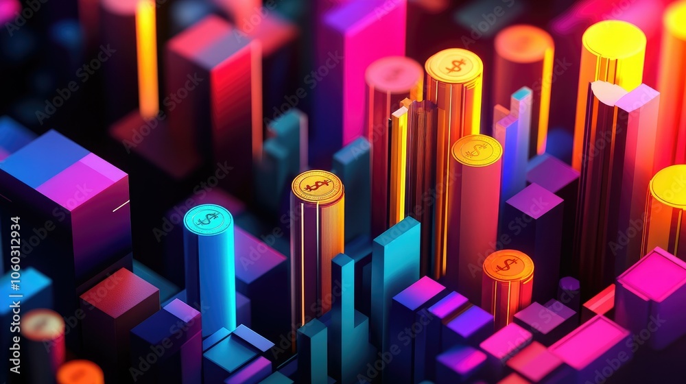 Poster abstract finance chart with vibrant segments and dollar coins, symbolizing data analysis and profit 