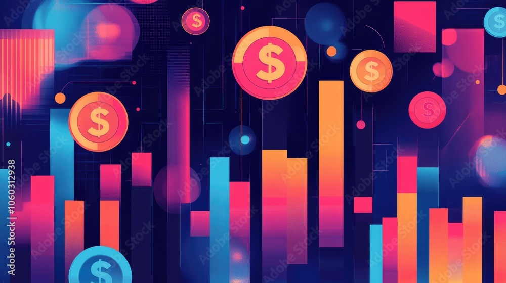 Poster Abstract finance chart with vibrant segments and dollar coins, symbolizing data analysis and profit growth.