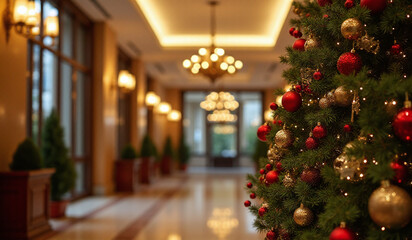 decorated tree stands hotel lobby christmas day