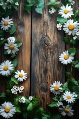 Obraz premium Charming floral arrangement with daisies and ivy on rustic wooden background for nature lovers and garden enthusiasts