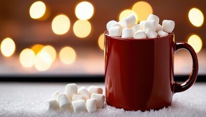 Red mug filled with marshmallows on a snowy surface with festive bokeh lights.