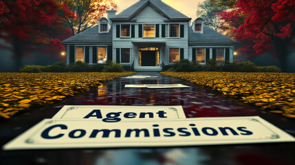 Real Estate Agent Commissions Concept with House and Financial Fee Signage