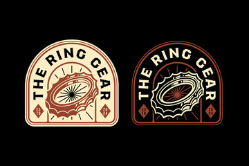 gear jagged engine mechanism retro badge logo design for garage, workshop, spare part, extreme sport. cogwheel serrated mechanism emblem logo collection for racer, motorcycle, rider, mechanic