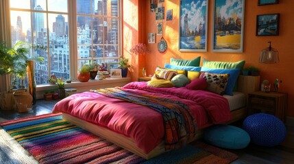 Bedroom with vibrant decor, expansive windows, cozy furnishings, city view, stylish 3D render.