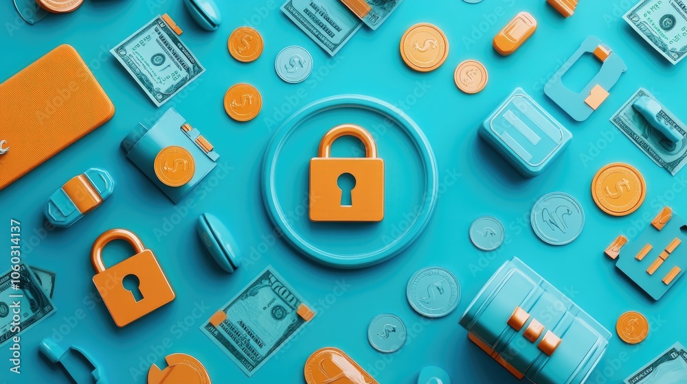 Poster bright lock and shield icons on blue, symbolizing secure money handling and finance safety.