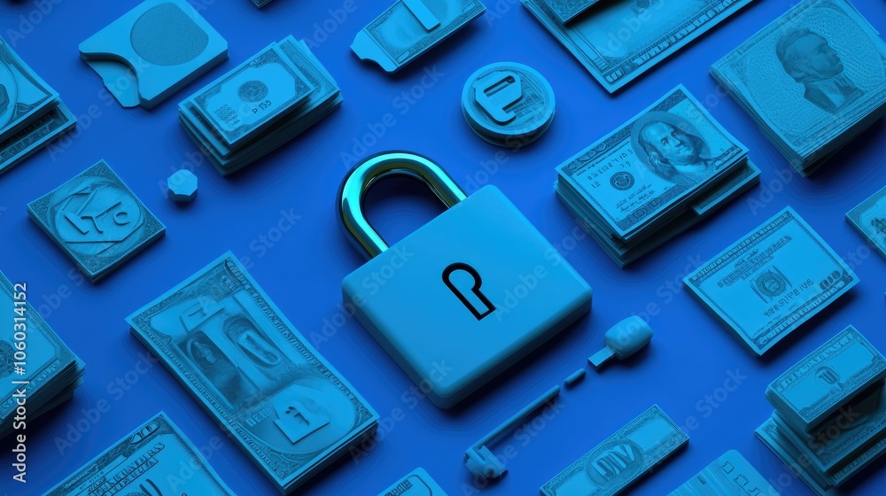 Poster bright lock and shield icons on blue, symbolizing secure money handling and finance safety.