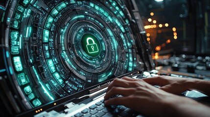 Cybersecurity concept with a padlock symbol on a glowing computer screen.