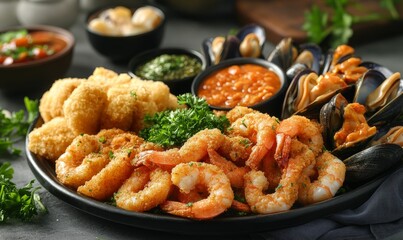 Fototapeta premium Fried shrimp and mussels on a plate.