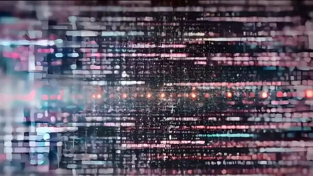 A Digital Matrix Animation With Random Blocks of Static Noise and Repeated Pixel Glitches Moving in Sync