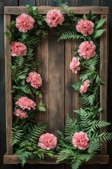 Fototapeta premium Beautiful floral arrangement framed with ferns and pink carnations creating a nature-inspired aesthetic for home decor