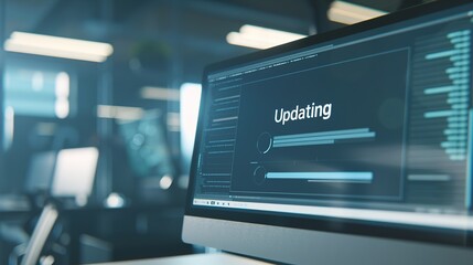 Close-up of computer screen showing software update progress bar with "Updating" in bold letters, modern office desk in background, emphasizing digital technology and productivity.